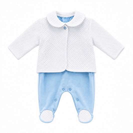 Baby boys blue velour babygrow with white quilted collar feet and white jacket