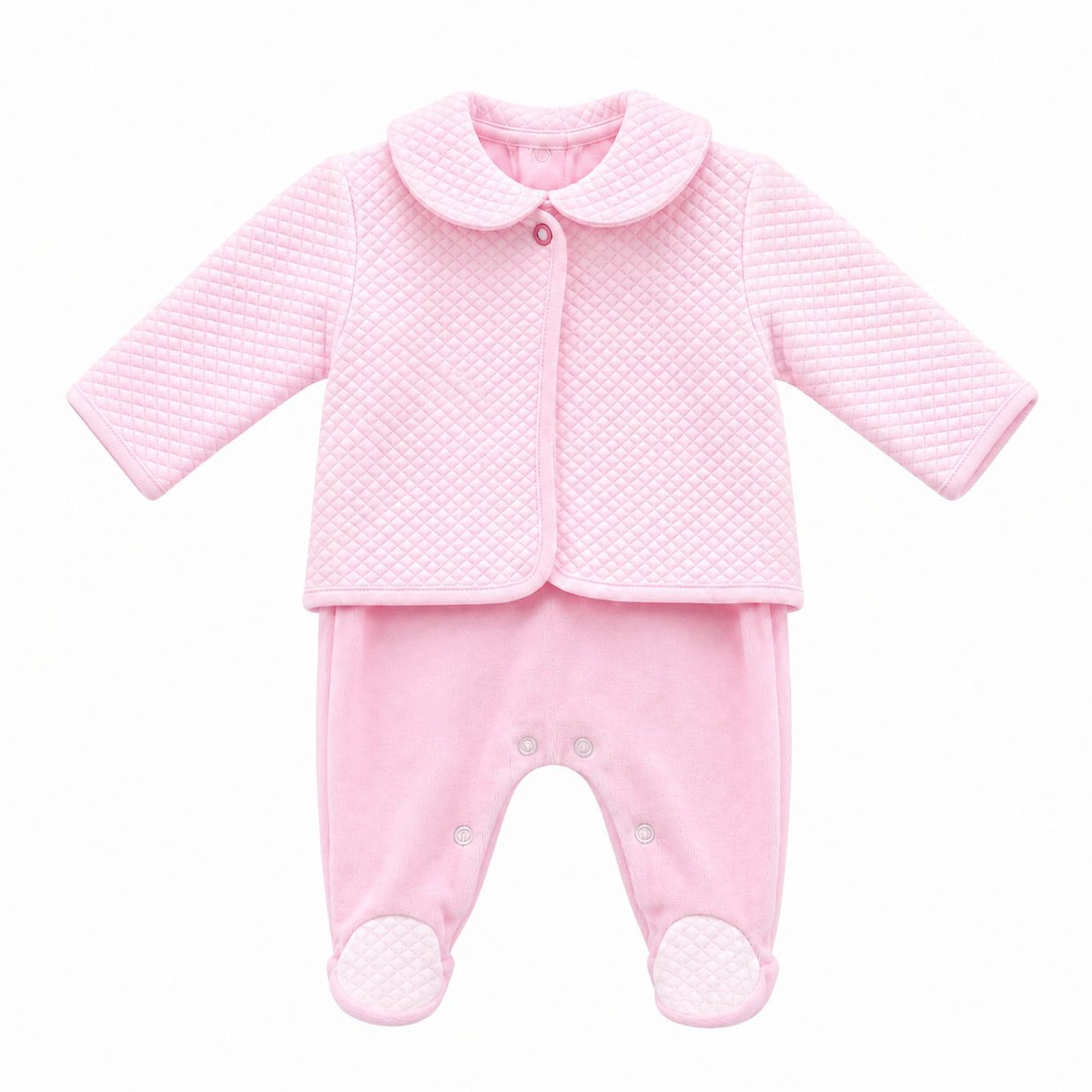Baby girls pink velour babygrow with pink quilted collar feet and matching jacket
