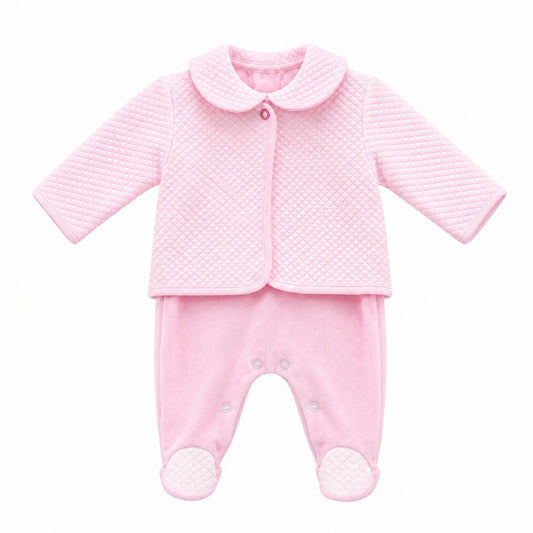 Baby girls pink velour babygrow with pink quilted collar feet and matching jacket