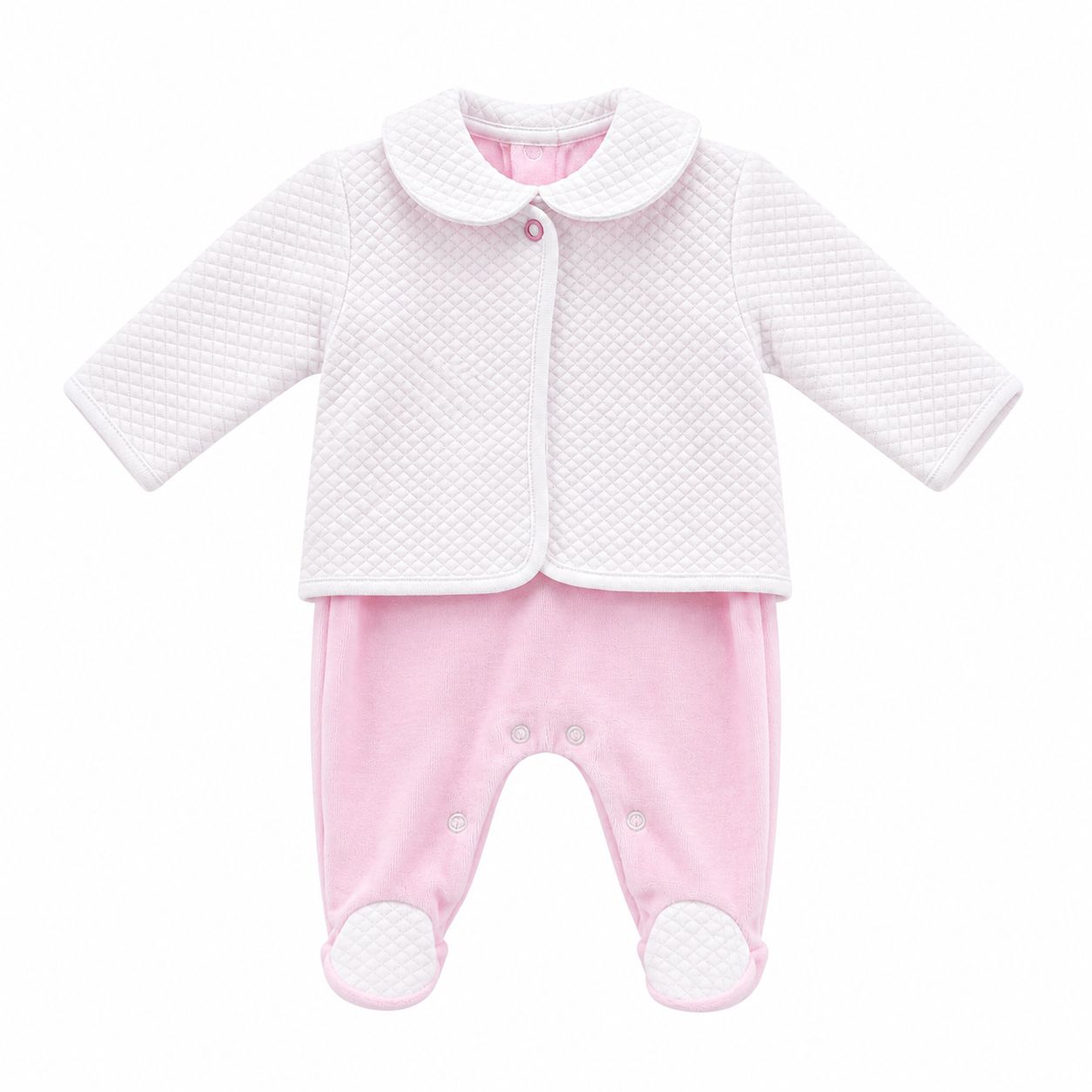 Baby girls pink velour babygrow with white quilted collar and feet and matching white jacket