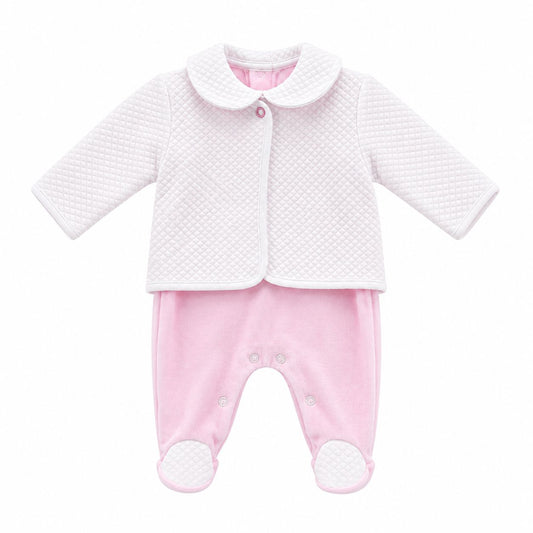 Baby girls pink velour babygrow with white quilted collar and feet and matching white jacket