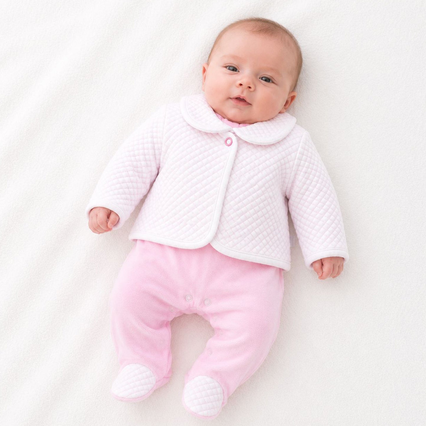 Baby Girls Pink Velour Babygrow & White Quilted Jacket 2 Piece Set – Made in Portugal