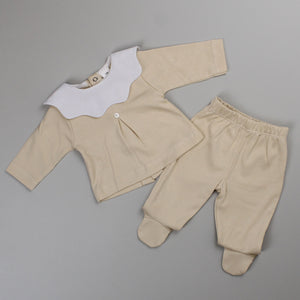 beige cotton two piece outit for baby boys and girls