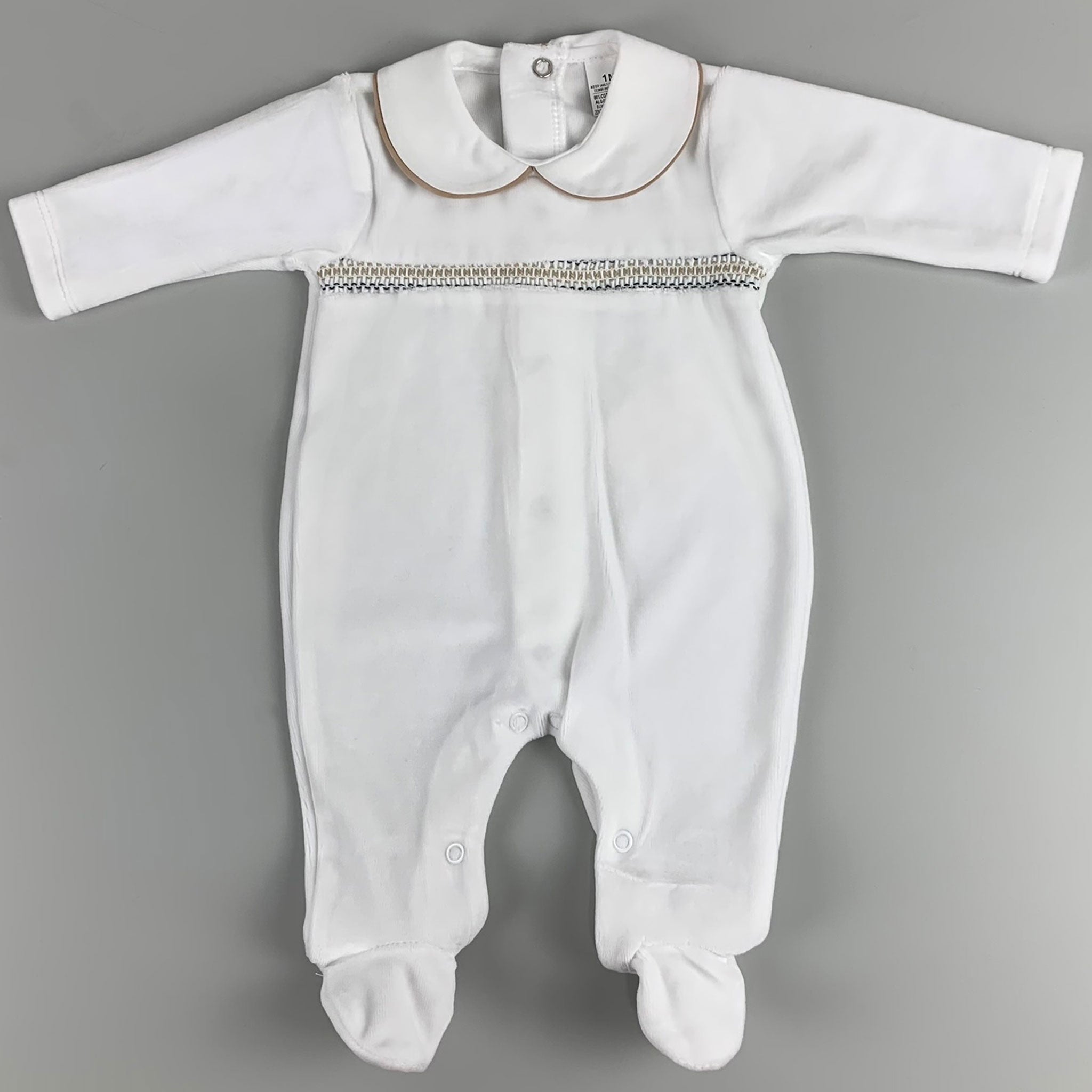 Baby Boys Velour Smocked Sleepsuit - White/Beige