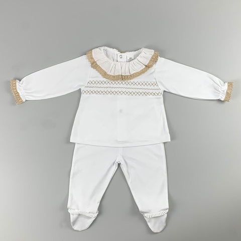 Baby Girls White and Beige Cotton Two Piece Outfit