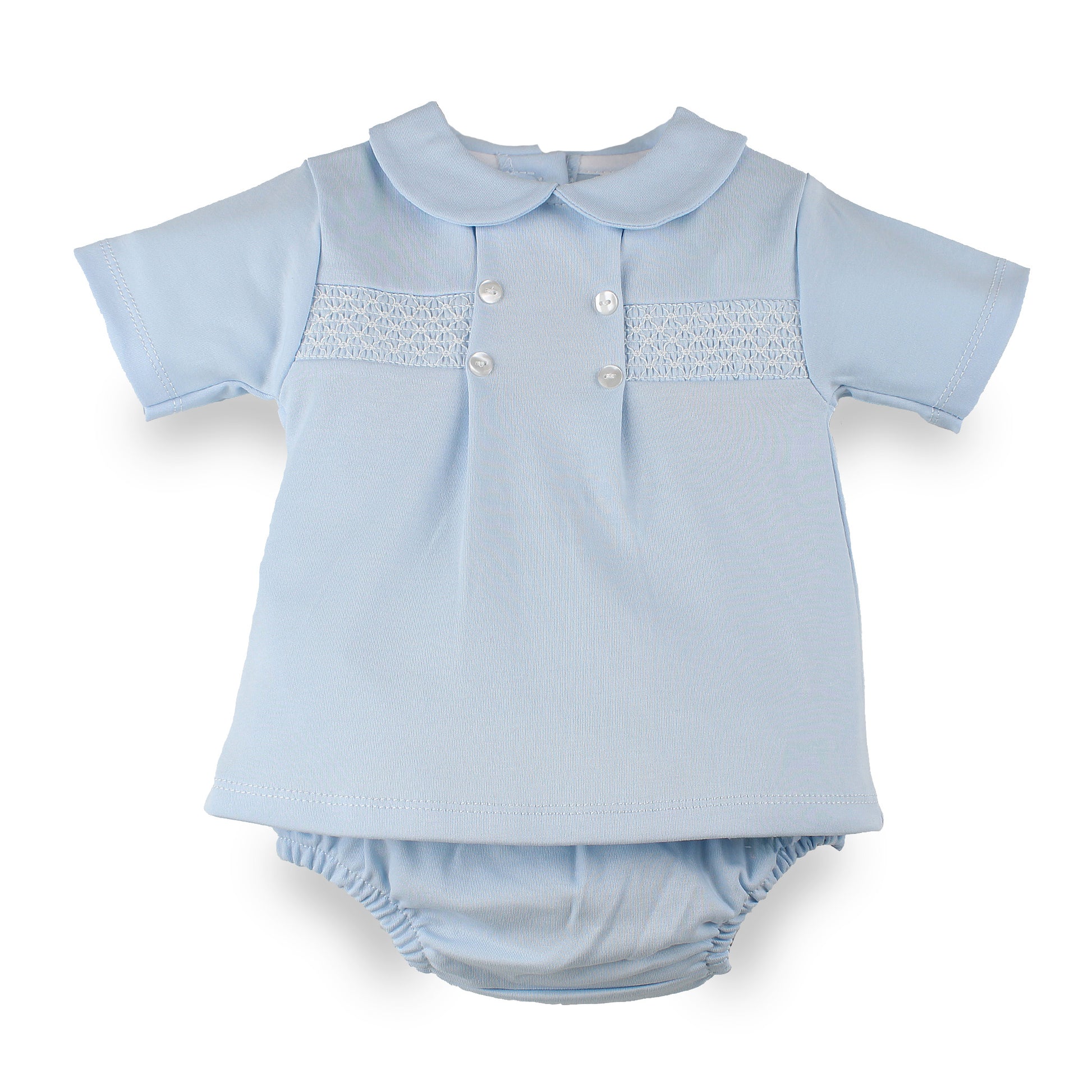 A light blue baby outfit set featuring a short-sleeve top with a Peter Pan collar, smocked chest panel, and three white buttons, paired with matching smocked pants, shown on a plain white background.