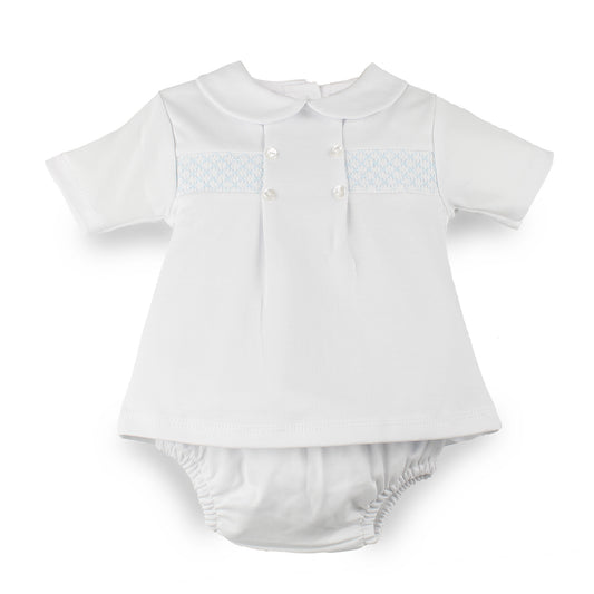 A white short-sleeve baby top with a Peter Pan collar, three front buttons, and a light blue patterned chest band, shown with matching white pants on a plain white background.
