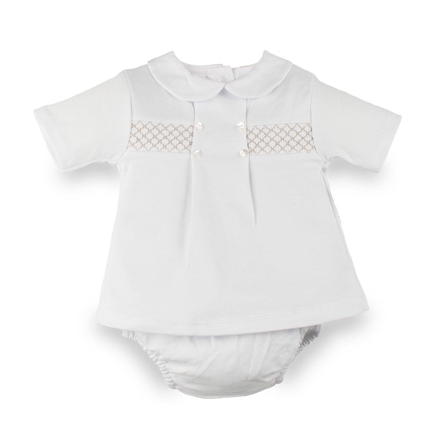 A white short-sleeve baby top with a Peter Pan collar, decorative beige smocking chest panel, and white pants, shown on a plain white background.