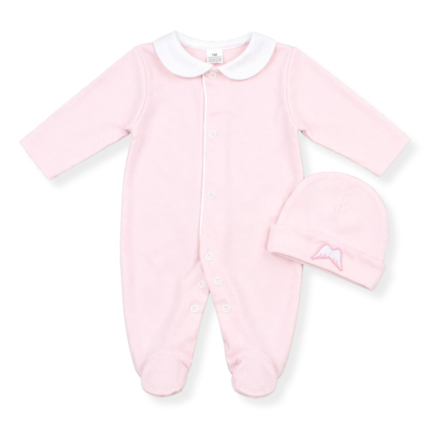 Pink baby onesie with white collar and matching hat on a white background
