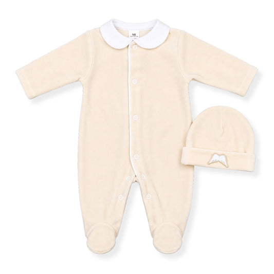 Baby Angel Wings Velour Sleepsuit with Hat - Beige