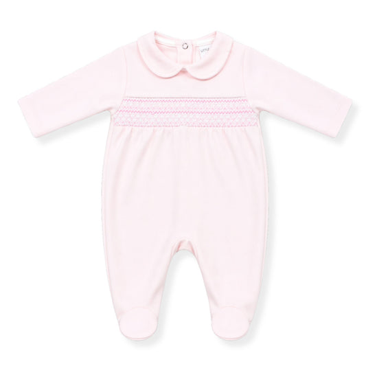 Pink baby girl smocked babygrow with Peter Pan collar, long sleeves and footed design, traditional newborn sleepsuit