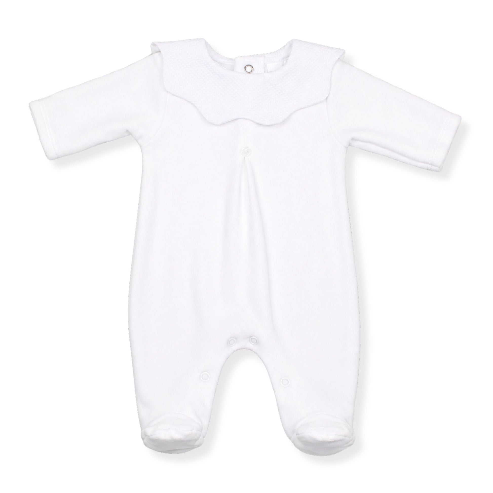 White baby babygrow with scalloped collar traditional newborn sleepsuit
