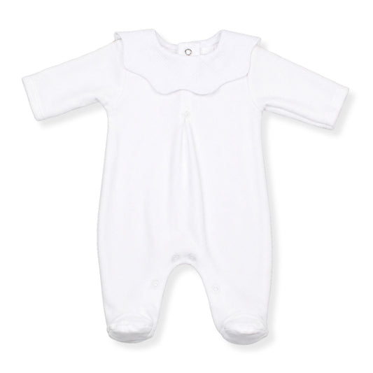 White baby babygrow with scalloped collar traditional newborn sleepsuit