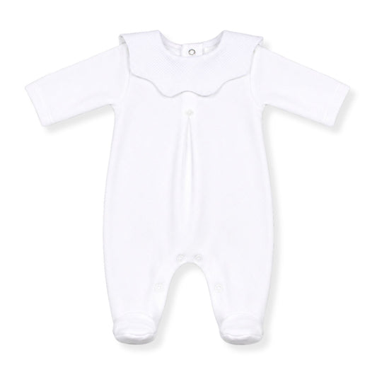 White baby babygrow with scalloped collar traditional newborn sleepsuit