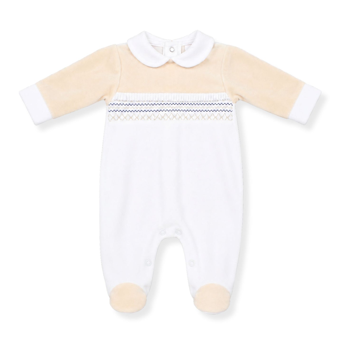Baby boys white and cream velour sleepsuit with Peter Pan collar, smocked chest panel with blue stitching detail, and footed design on a white background