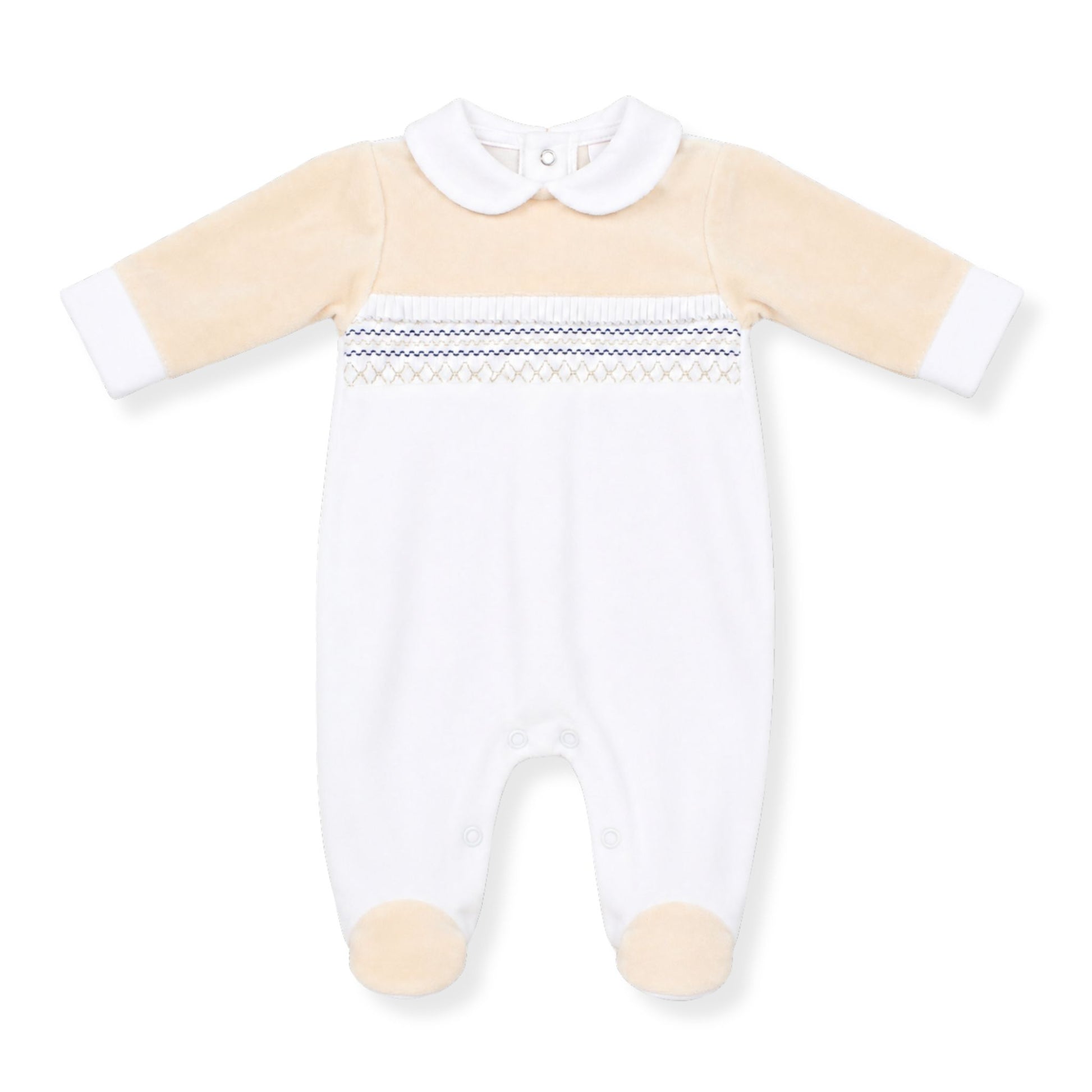 Baby boys white and cream velour sleepsuit with Peter Pan collar, smocked chest panel with blue stitching detail, and footed design on a white background