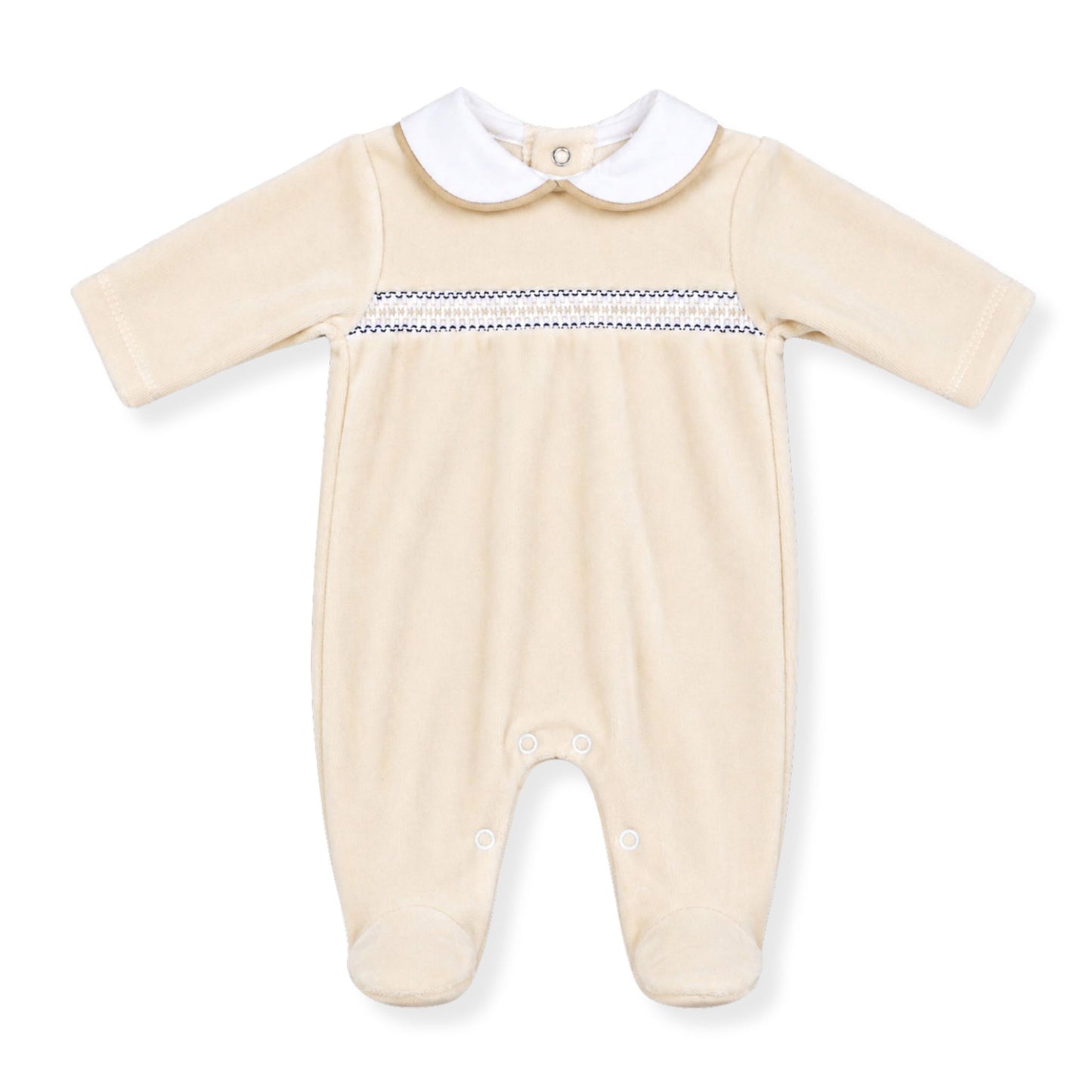 Baby boys beige velour sleepsuit with white Peter Pan collar and smocked chest detail, footed babygrow on a white background