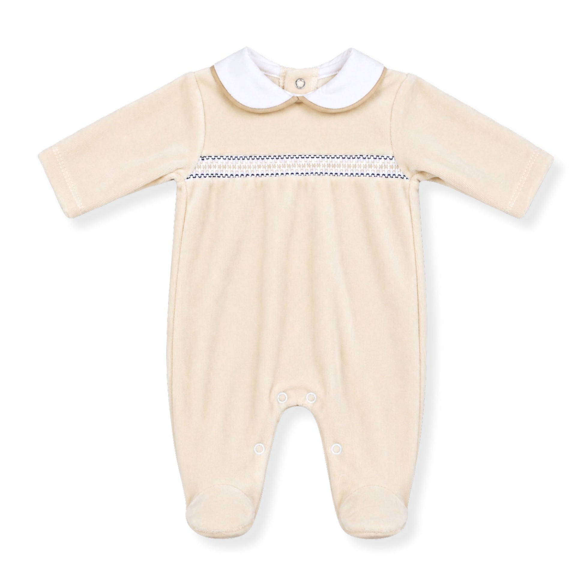 Baby boys beige velour sleepsuit with white Peter Pan collar and smocked chest detail, footed babygrow on a white background