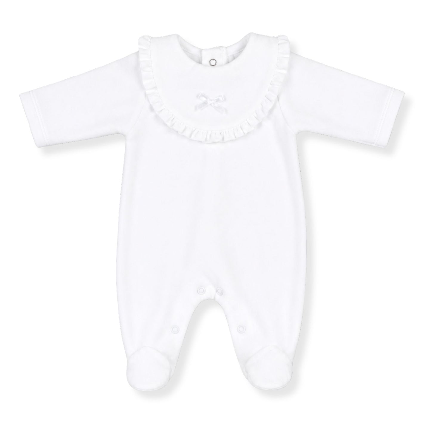 White baby sleepsuit with ruffled collar on a white background