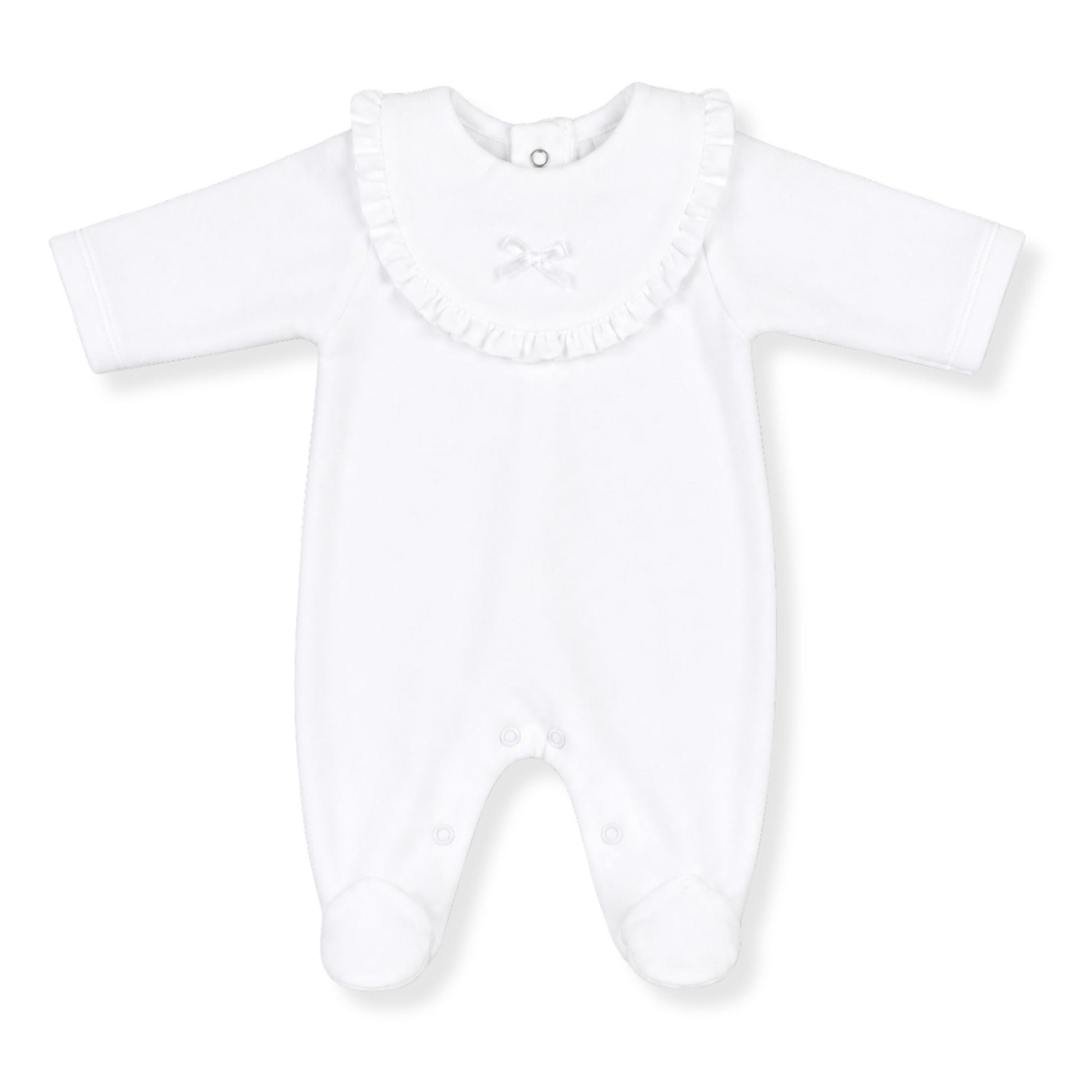 White baby sleepsuit with ruffled collar on a white background