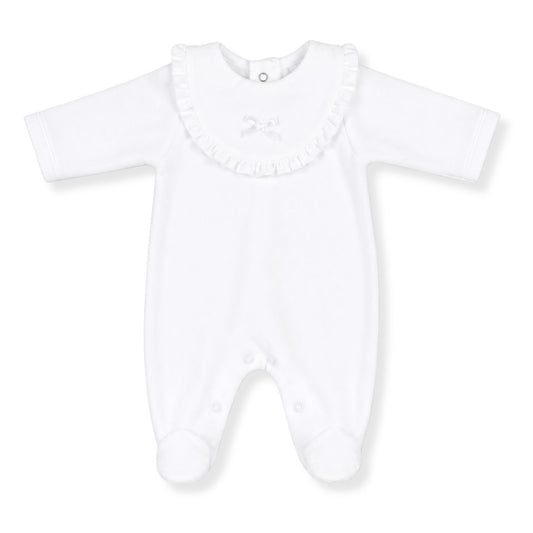 White baby sleepsuit with ruffled collar on a white background