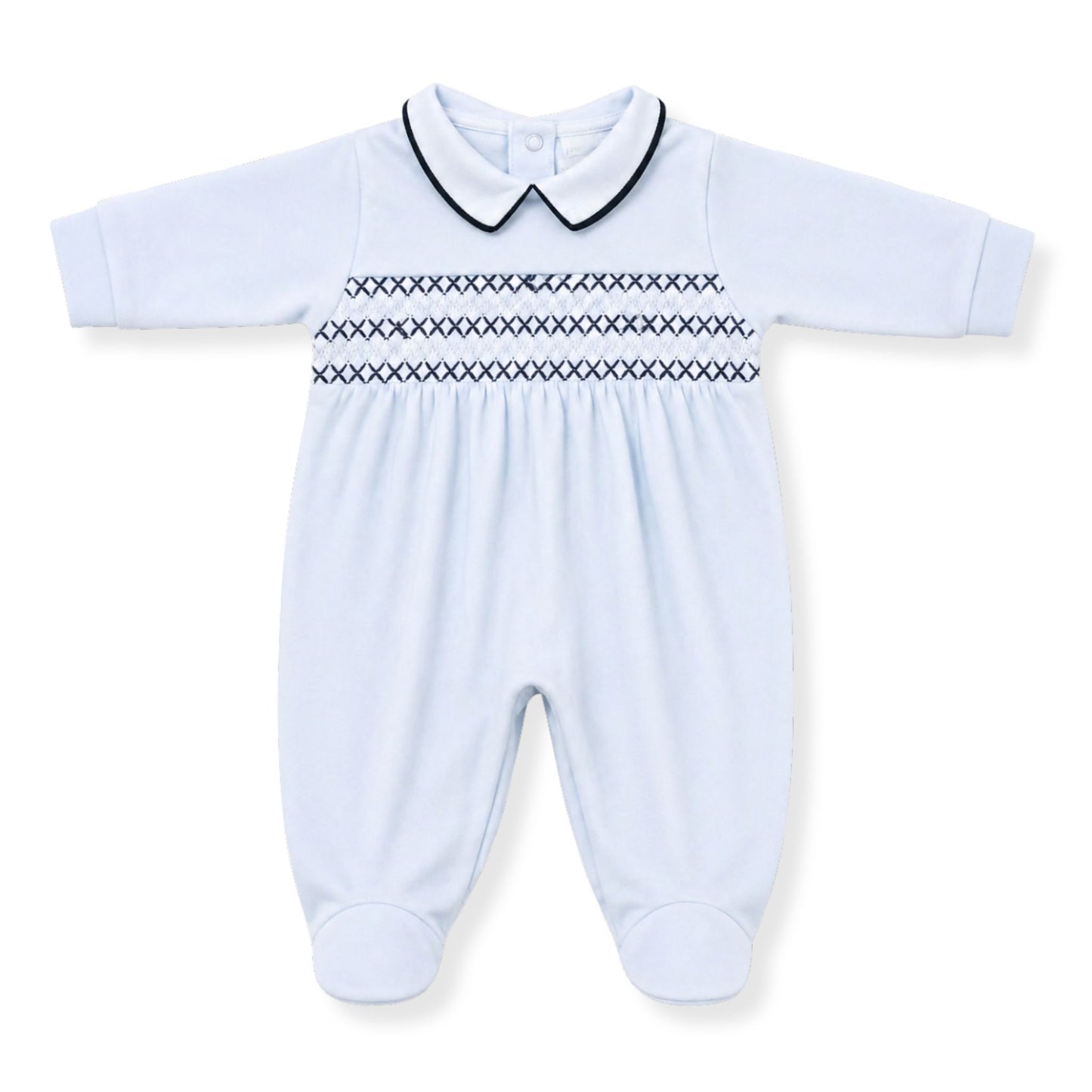 Baby blue babygrow with smocked design on a white background