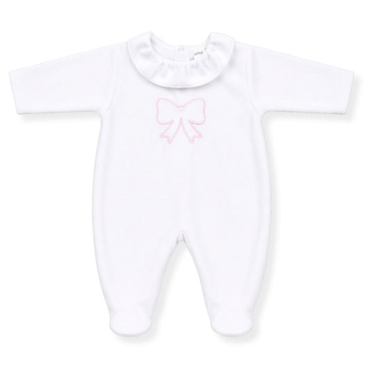 Little Nosh White Baby Sleepsuit with Pink Bow Detail
