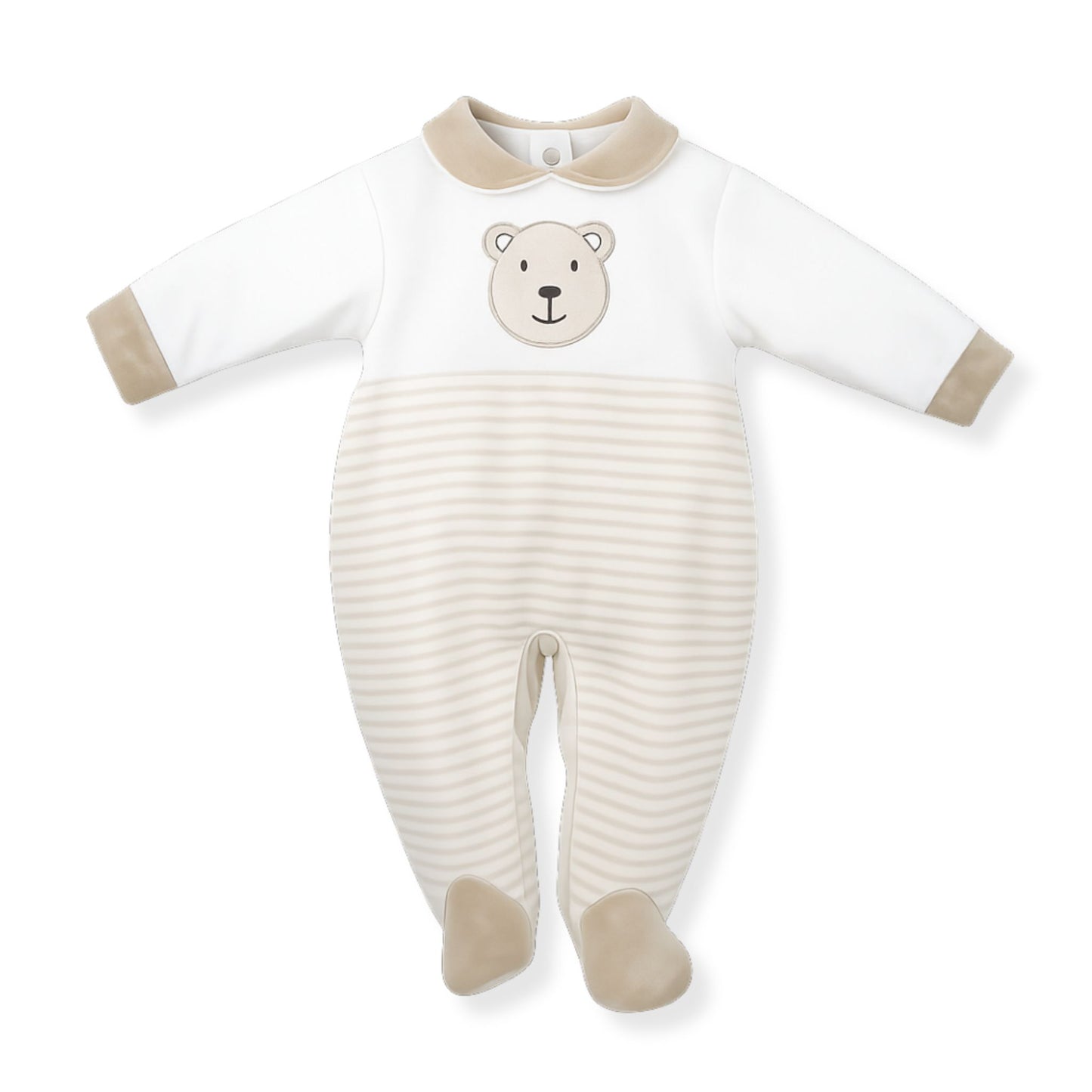 Baby boys cream and white striped sleepsuit with bear face detail, long sleeves and footed design, presented on a clean white background