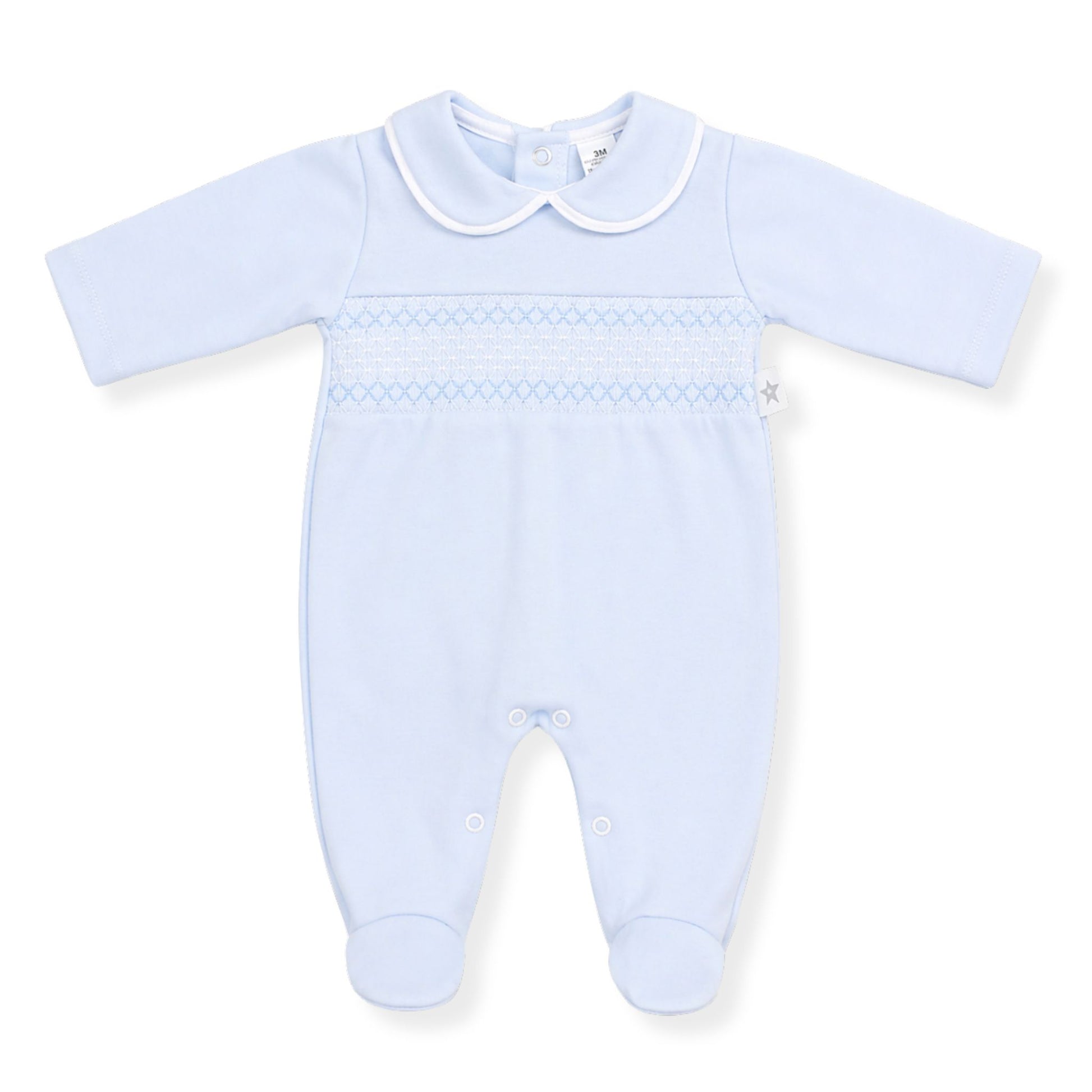 Light blue baby sleepsuit with white collar on a white background