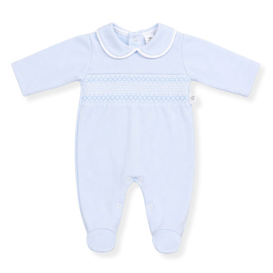 Light blue baby sleepsuit with white collar on a white background