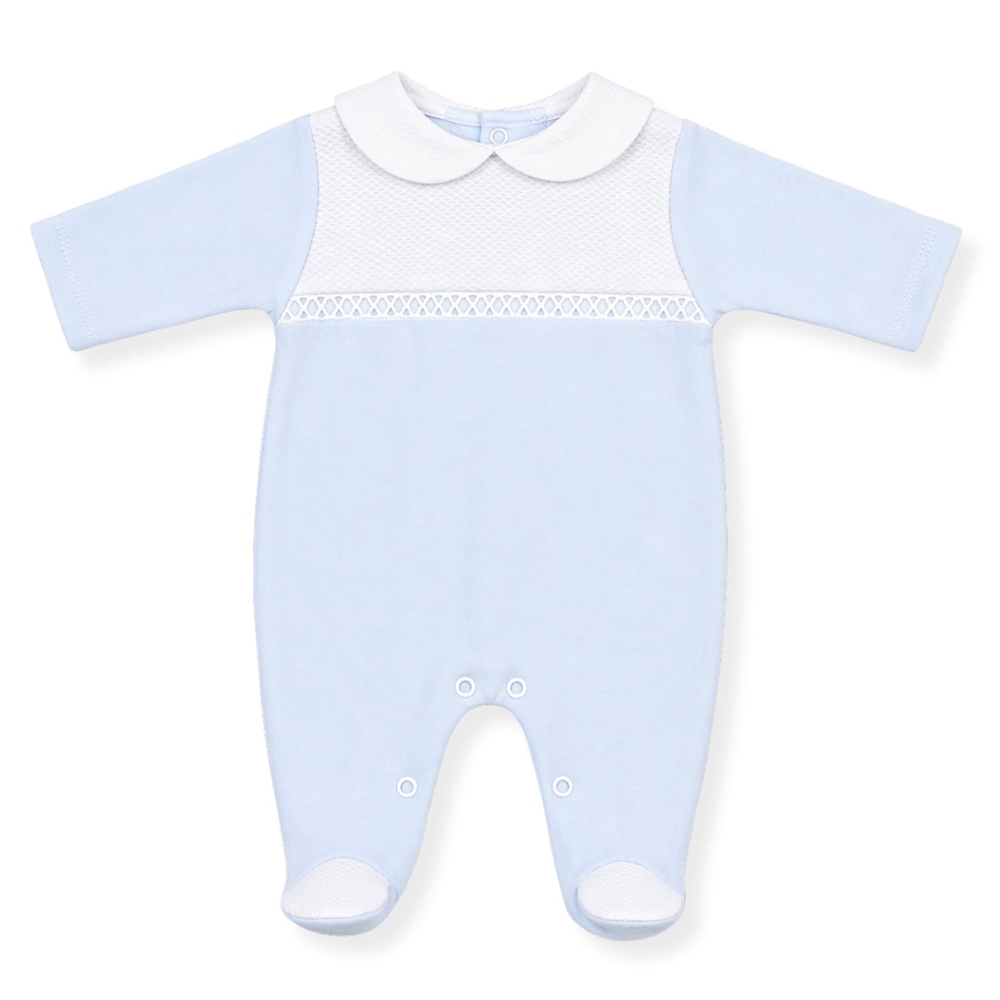 Light blue baby sleepsuit with white trim on a white background