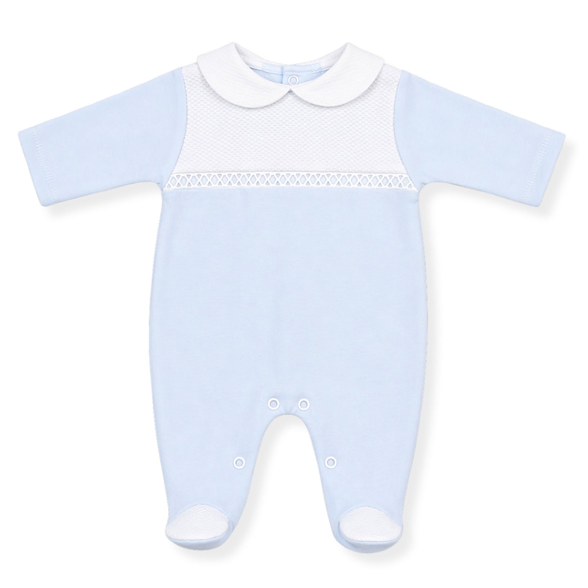Light blue baby sleepsuit with white trim on a white background