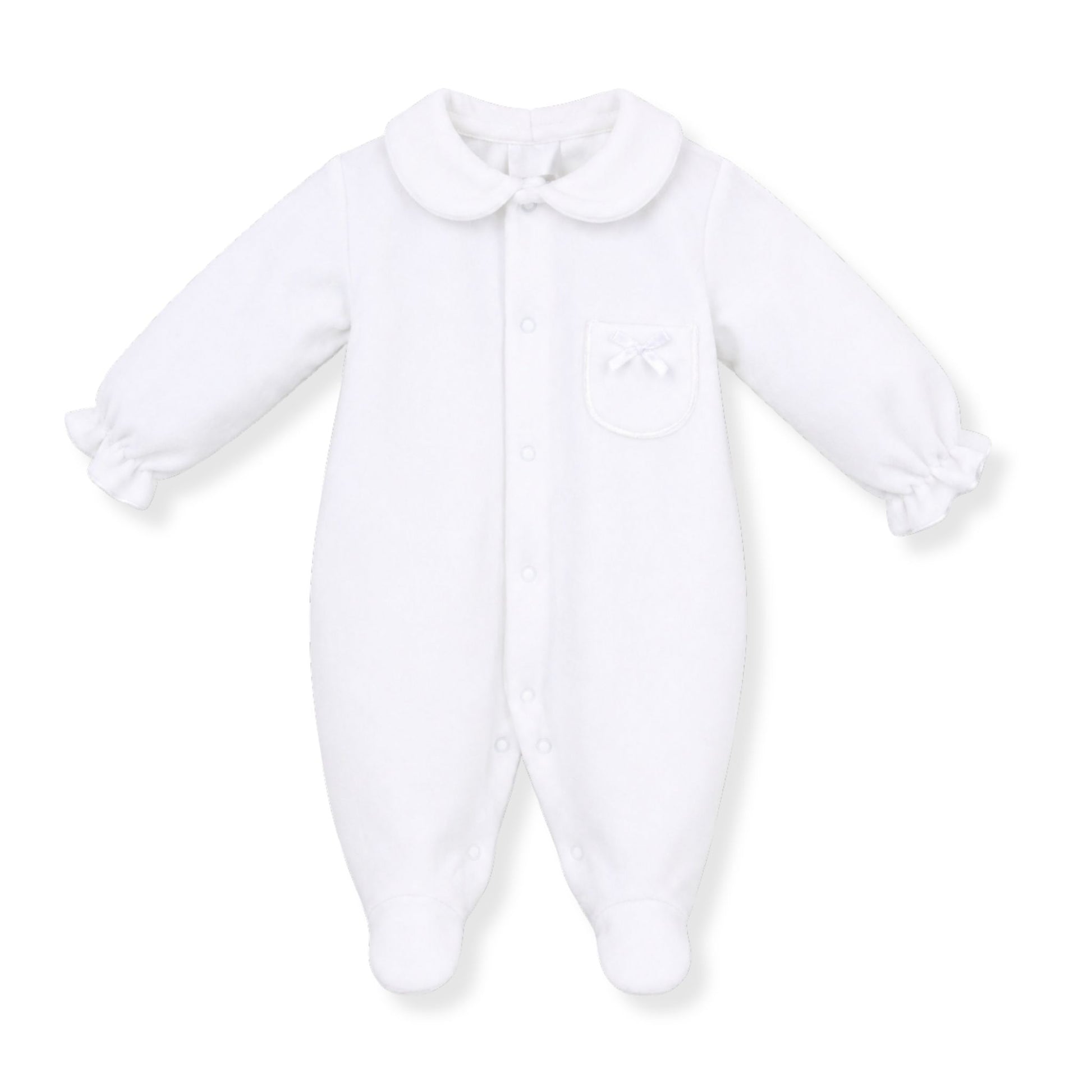 Pex White baby girls babygrow with a collar  and bow on pocket on a white background