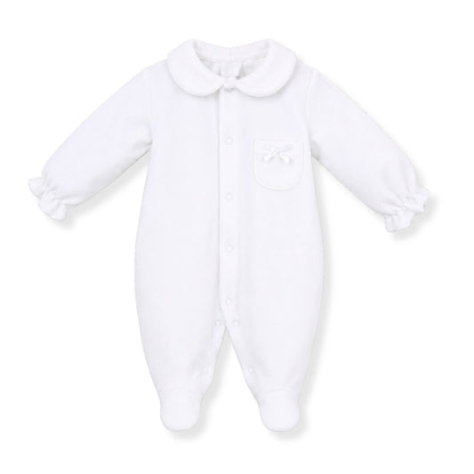 Pex White baby girls babygrow with a collar  and bow on pocket on a white background