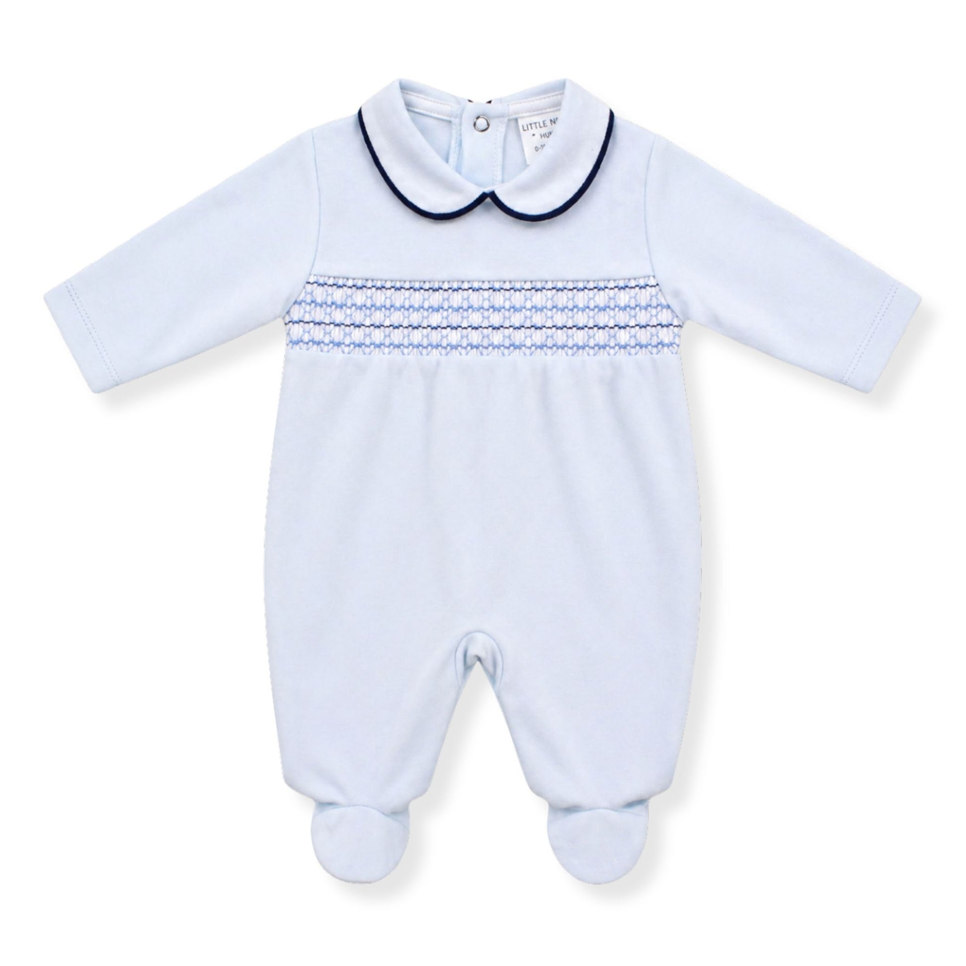 Light blue baby sleepsuit with a collar on a white background