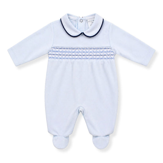 Light blue baby sleepsuit with a collar on a white background