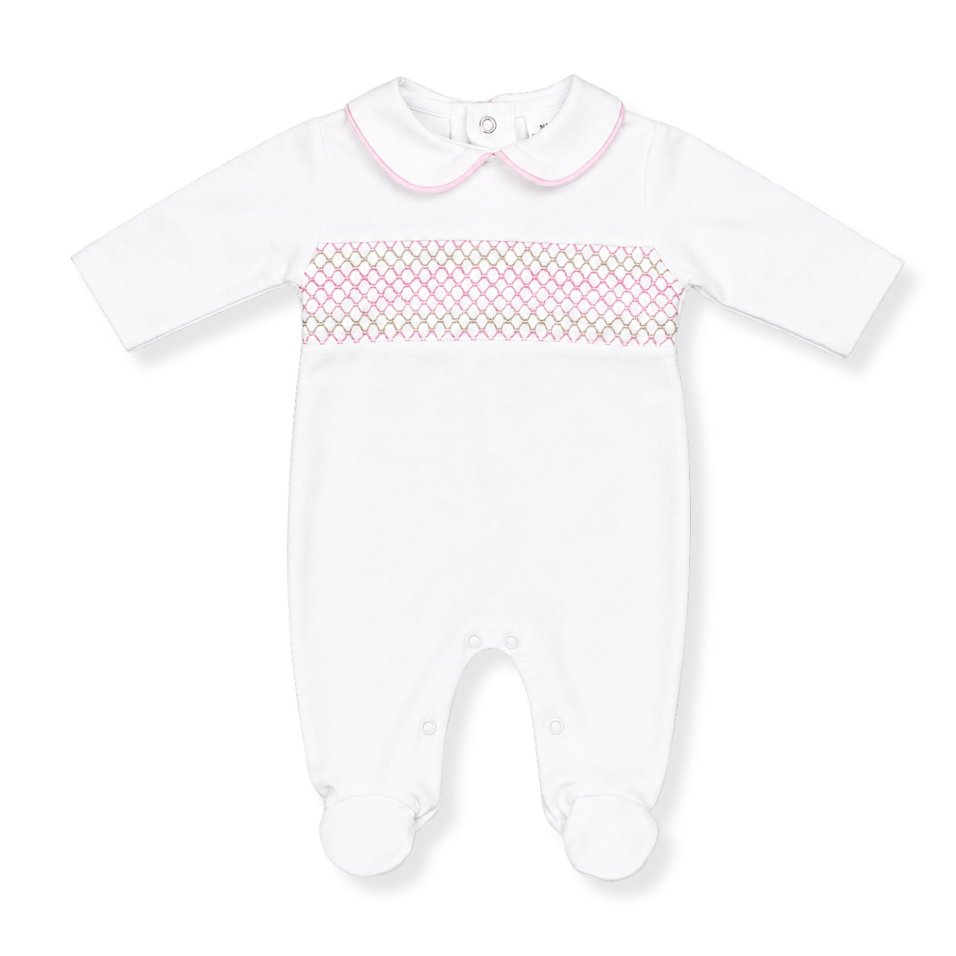 baby girl white cotton sleepsuit with smocking in pink