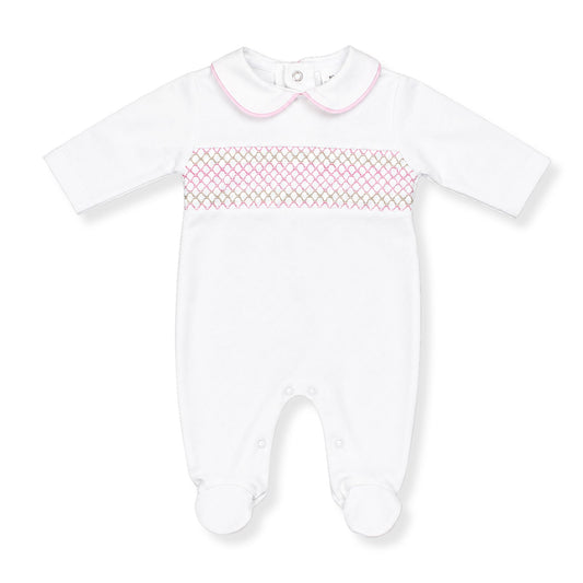 baby girl white cotton sleepsuit with smocking in pink