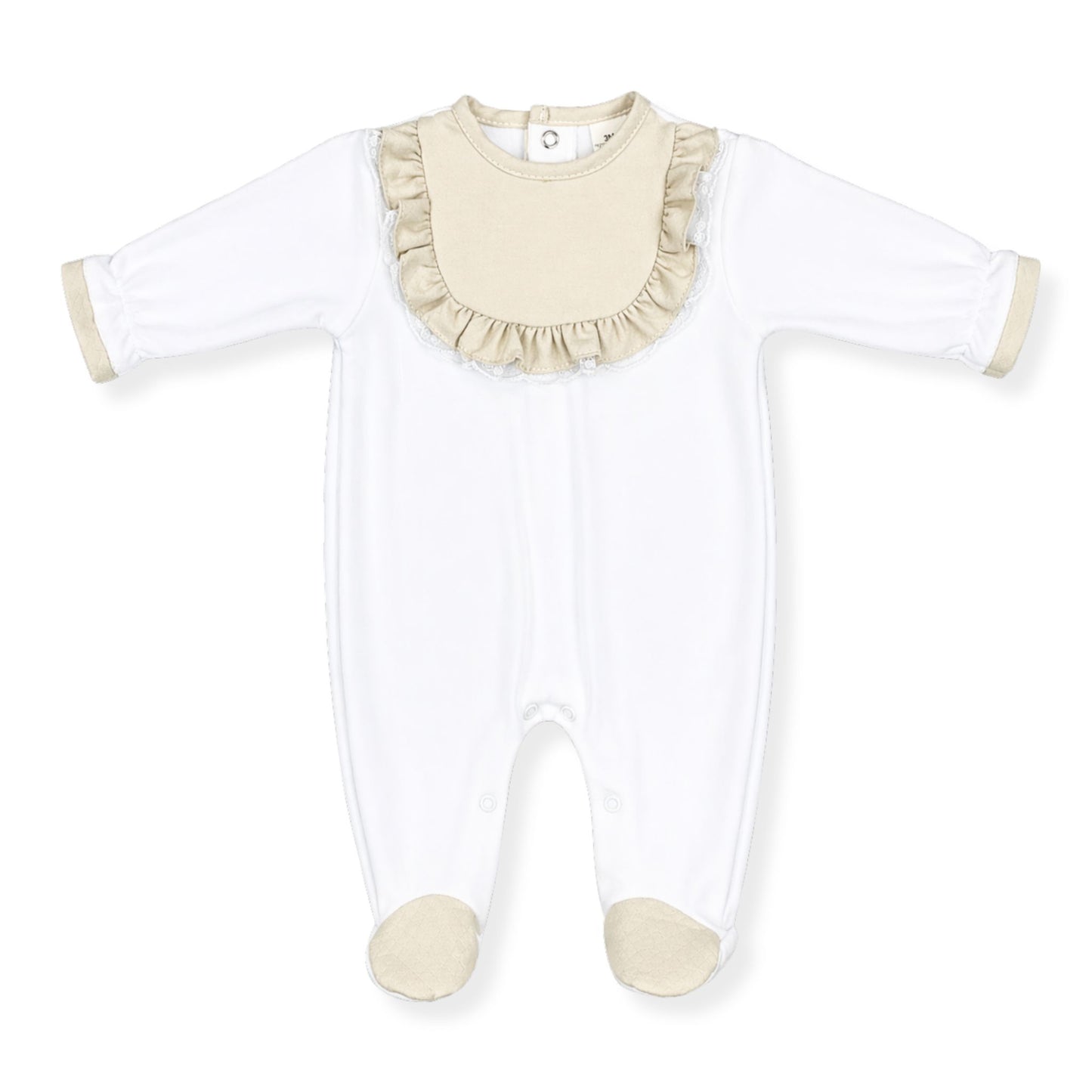 White baby onesie with beige ruffled collar on a white background