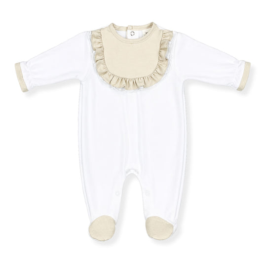 White baby onesie with beige ruffled collar on a white background