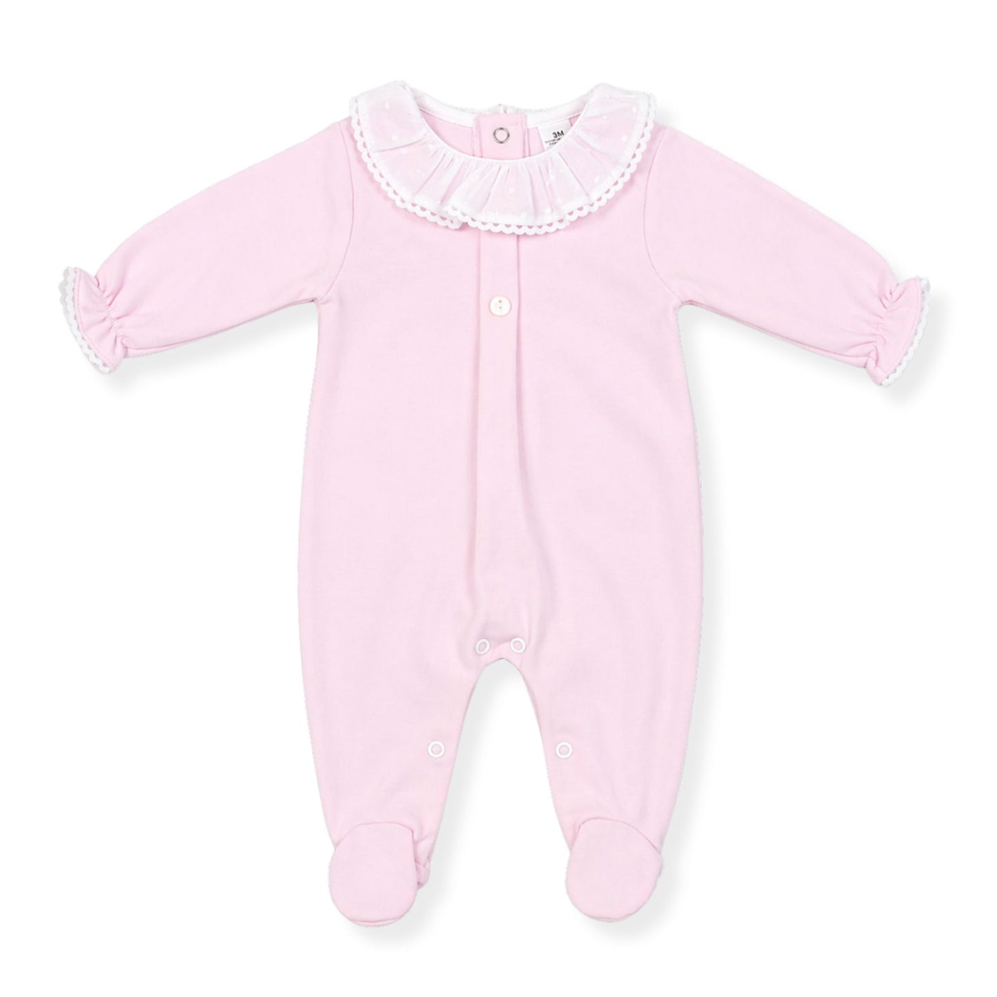 Pink babygrow wiith a white collar on a white background