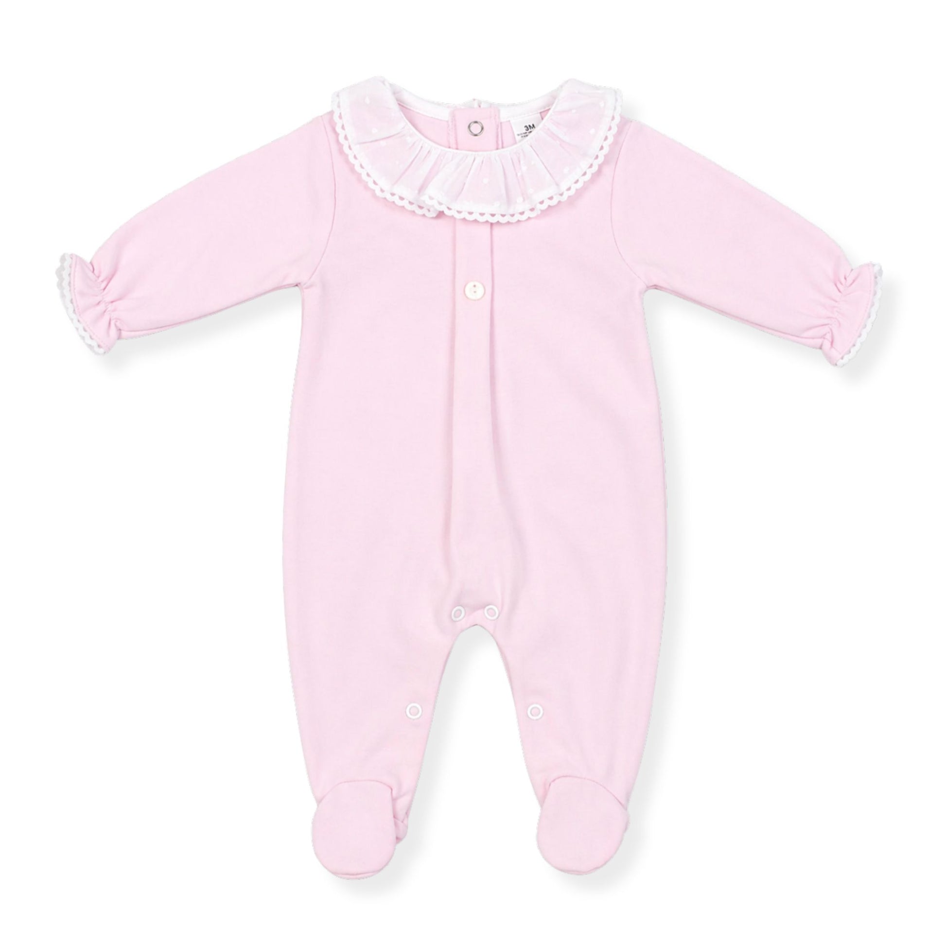 Pink babygrow wiith a white collar on a white background