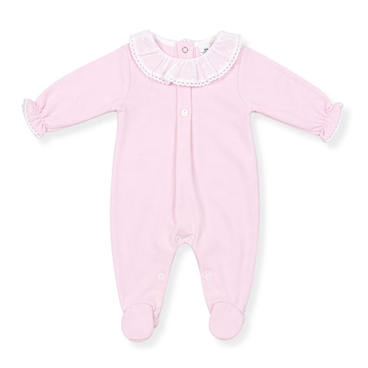 Pink babygrow wiith a white collar on a white background