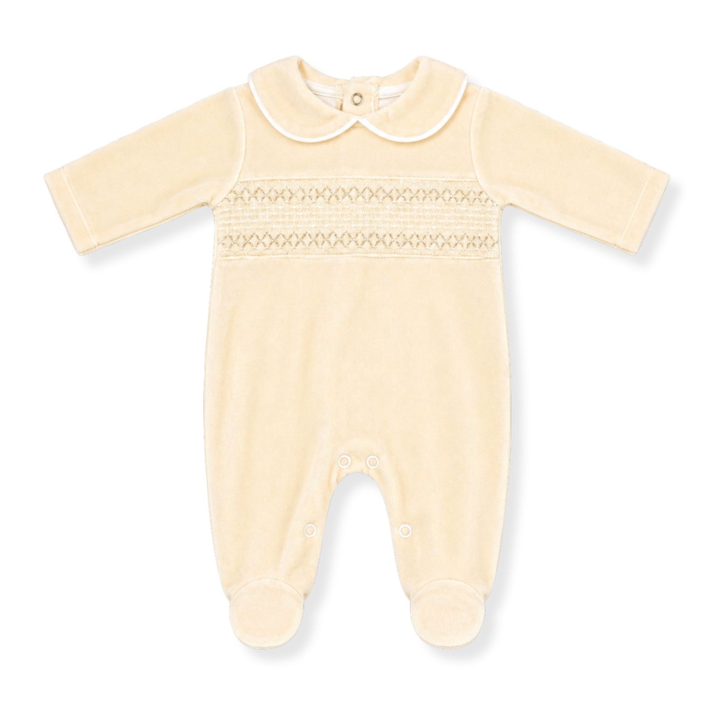 beige velour baby grow / sleepsuit with smocking and collar with white piping