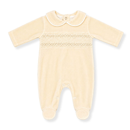 beige velour baby grow / sleepsuit with smocking and collar with white piping