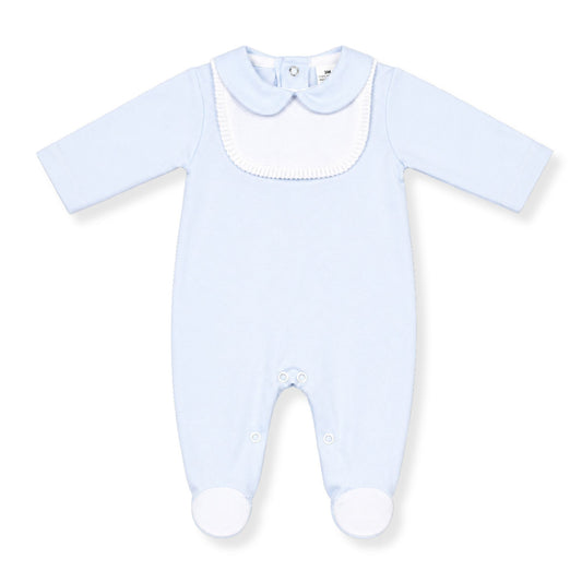 Light blue baby onesie with white collar on a white background