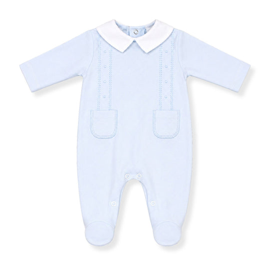 Light blue babysleepsuit / babygrpw  with a white collar on a white background