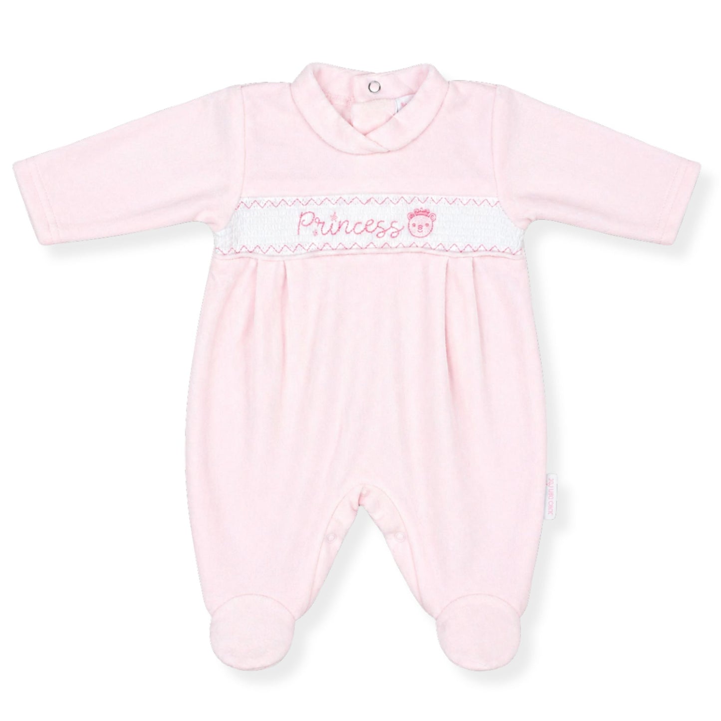 Pink baby sleepsuit with 'Princess' embroidery on a white background