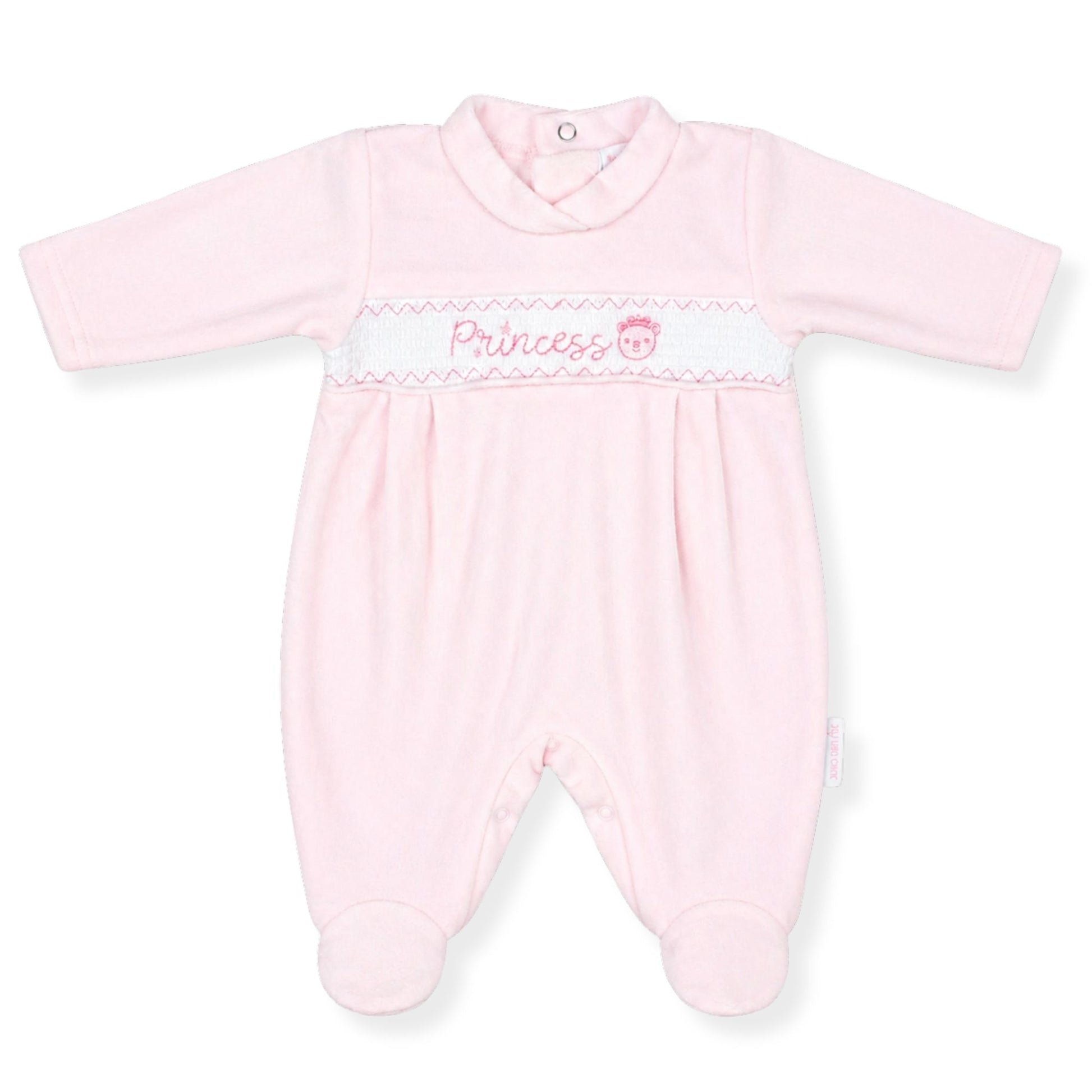 Pink baby sleepsuit with 'Princess' embroidery on a white background