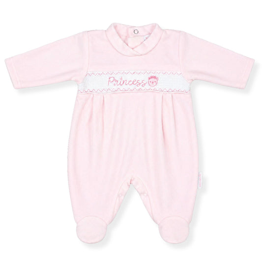 Pink baby sleepsuit with 'Princess' embroidery on a white background